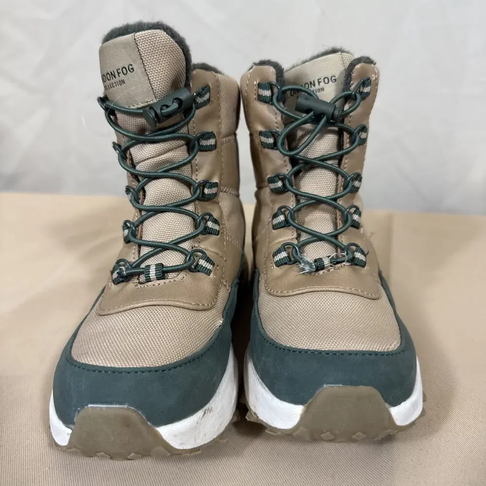 London Fog Kids Size 12 Winter Boots Tan Green Bungee Lace Hiking Snow Outdoor